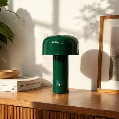 Lampe de table ronde contemporaine à 1 lumière avec abat-jour champignon en acrylique opaque et finition vert foncé pour bars à cocktails d'hôtels, intensité variable (lot de 2)