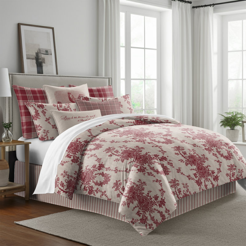 Country Lane Toile Crimson Cotton Comforter Set  8 Piece, Full Comforter + 7 Additional Pieces