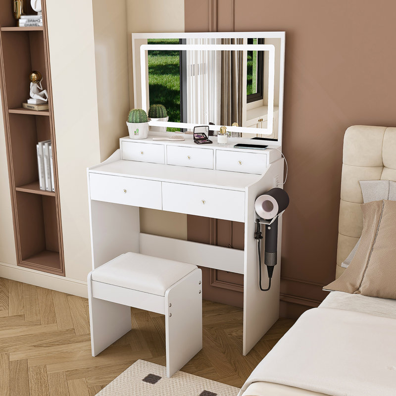 New Large Mirror Vanity Desk for Bed room , Modern Makeup Vanity Set with Power Outlet and Hair dryer holder, 5 Drawers , 3 Lighting Color Adjustable Dressing Table for Bedroom, White Color
