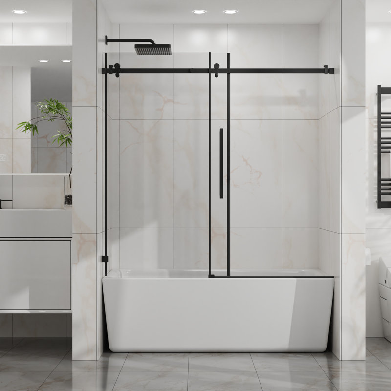 Porte de baignoire à porte coulissante simple sans cadre avec verre trempé transparent de 1/4 po (6 mm) Mia l 56 po x H 58 po