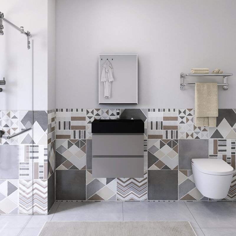 Meuble-lavabo simple 24 po avec plateau Kansiray, Noir mat, Gris