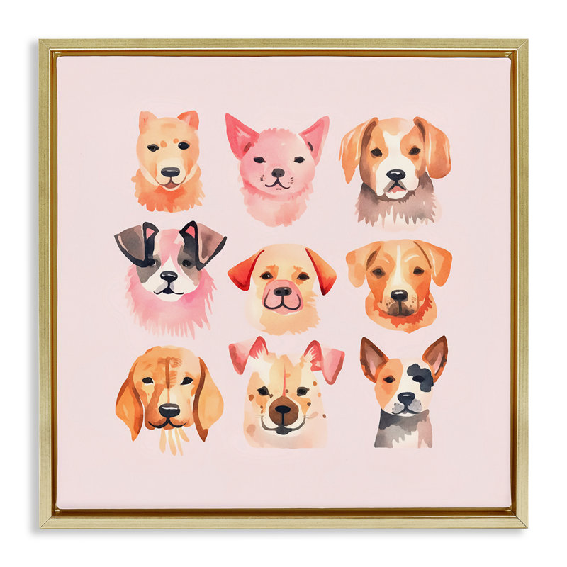 "Whimsy Dog Parade", art mural sur toile flottante par Andrea Haase, Cadre flottant métallique doré, H 25 po x l 25 po
