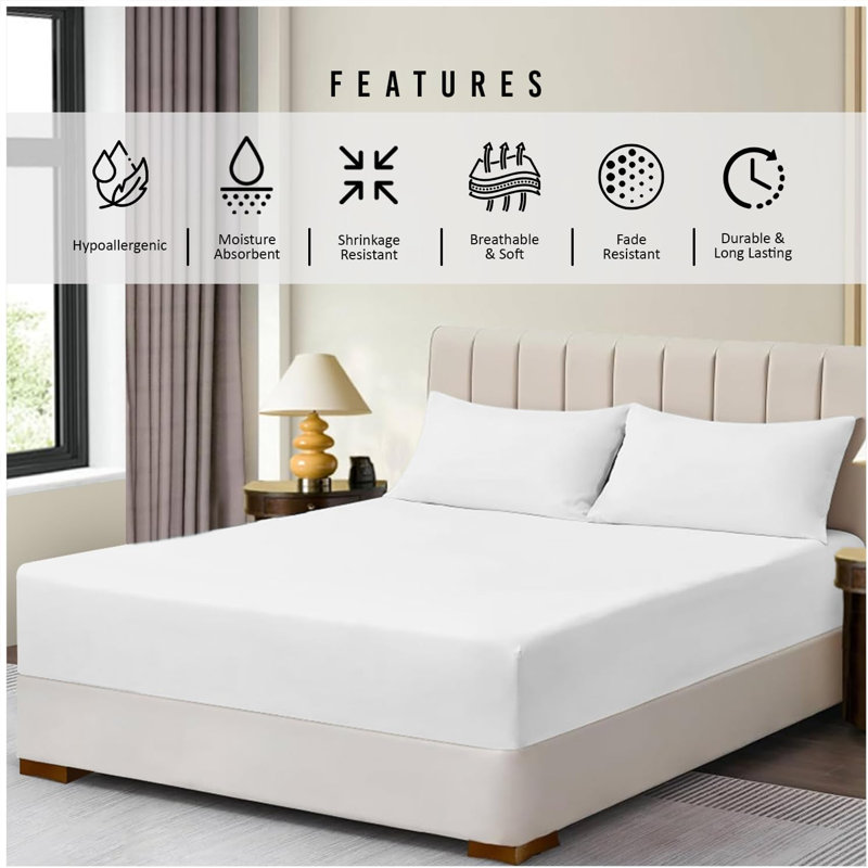 Super Dreamer Fitted Sheet Pack of 2 Solid Colour Polyester Bed Sheets - Single Double King Size Machine Washable, White