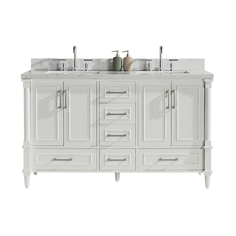 De meuble-lavabo double autoportant avec plateau en marbre d'ingénierie, rangement spacieux et design moderne