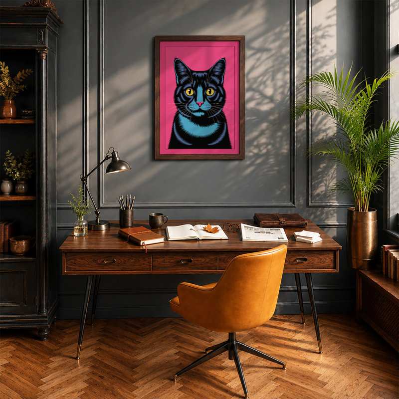 Alert Black Cat Modern - Framed Print, A2 - 59.4 x 42.0 cm, Walnut