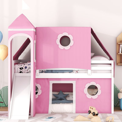 Lit mezzanine simple avec glissade, tente et tour rose, structure de lit pour enfant inspirée du château