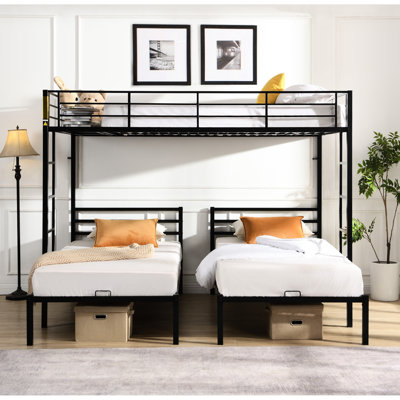 Black Metal Full Over Twin Triple Bunk Bed With Vertical , Rail And Storage For Weekend Guests Rail, Four - Side Guardrails Shelf Storing Gloves,