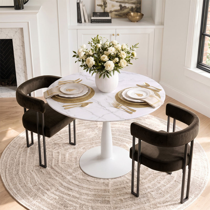 Ensemble de table de salle à manger pour 2 personnes avec table ronde et 2 fauteuils rembourrés en velours, Brun
