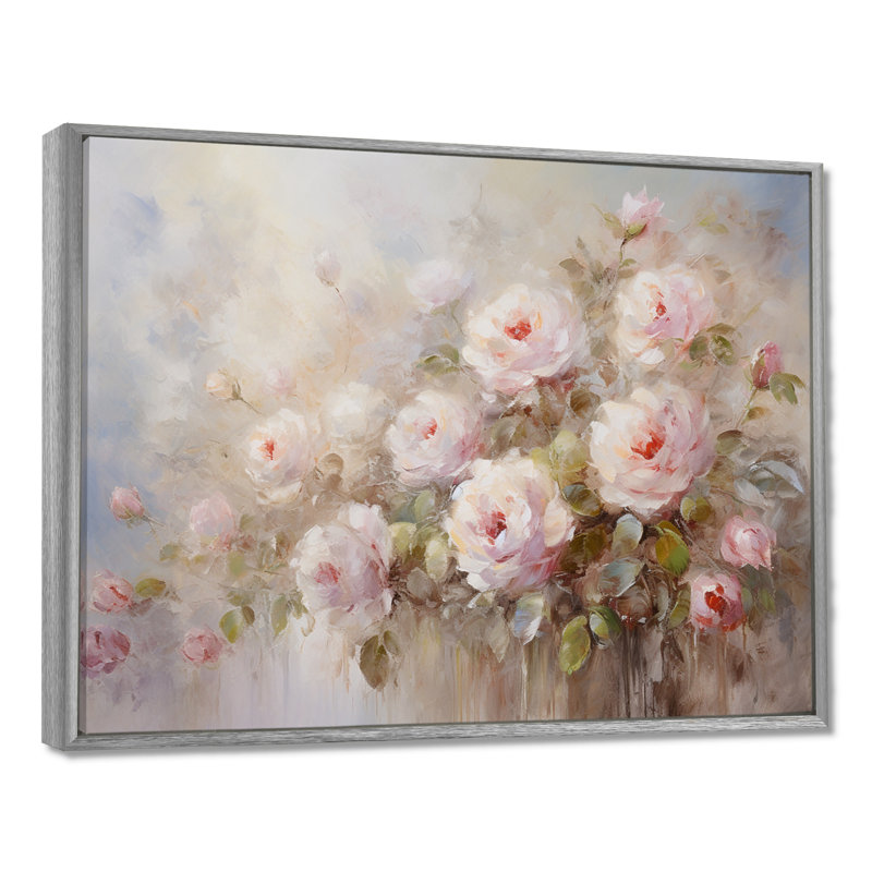 «Pink Roses Farmhouse Charm - Roses, art sur toile, H 16 po x l 32 po, Reproduction avec cadre flottant, Argent argent