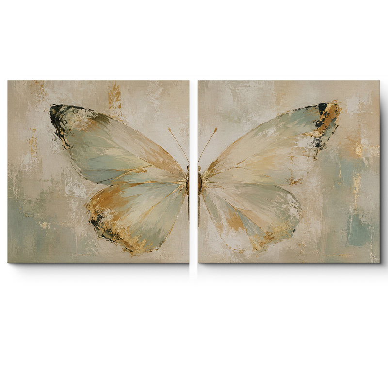 Doux papillon diptyque avec tons neutres et élégance délicate, ensemble de 2 reproductions d'art sur toile encadrées