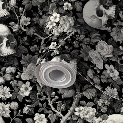 Papier peint adhésif peler et coller en PVC, impression de revêtement mural amovible auto-adhésif avec tête de mort botanique foncé rétro, imperméable pour la décoration intérieure - rouleau