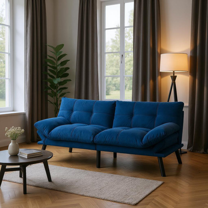  Canapé-lit futon convertible 2-en-1 avec accoudoirs et dossier réglables pour petits espaces, bleu marine, Marine