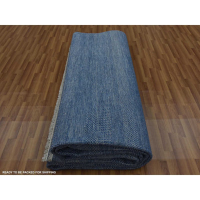 12'x18' Blue Hand Knotted Grass Design Wool and Silk Oversized Rug C08B24D9835F4538972C1A9D281773D5