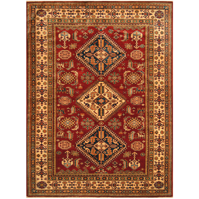 Tapis unique en laine noué à la main rouge / ivoire 5 pi 3 po x 7 pi Jevon