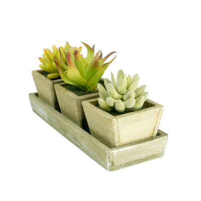 Arrangement de plantes grasses artificielles en pot de bois