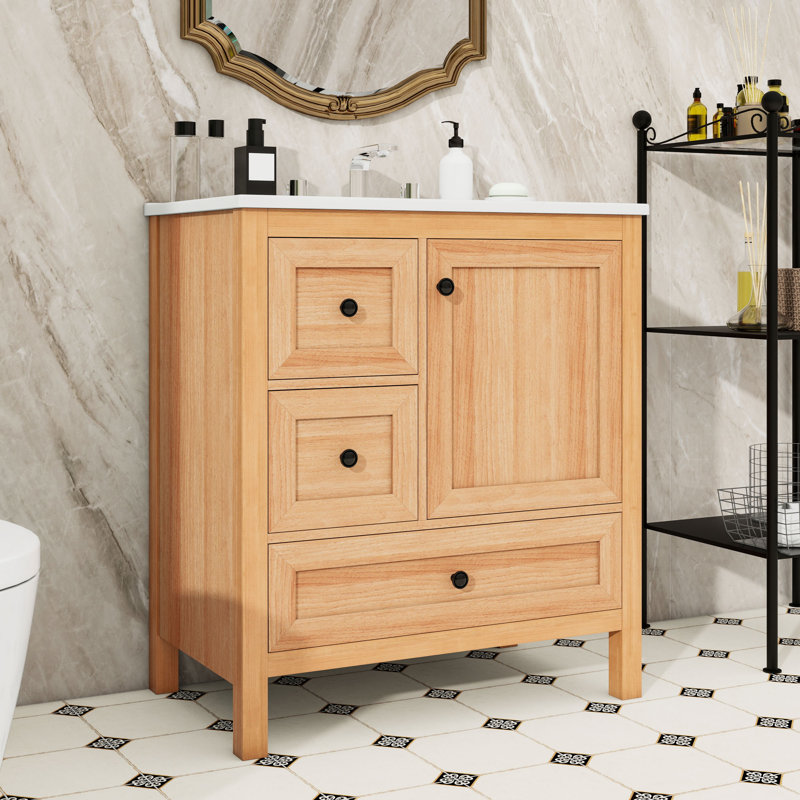 Meuble-lavabo en bois avec lavabo en céramique, tablette réglable et tiroirs