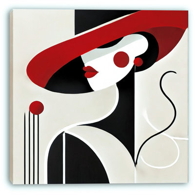 Scarlet Allure: Modern Art Deco Portrait on Wrapped Canvas