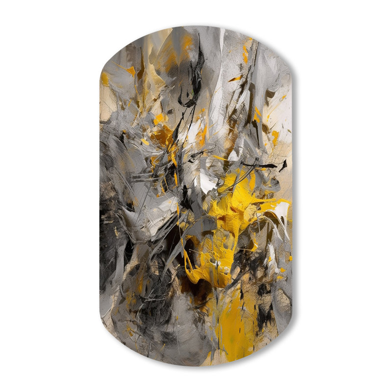 Moutarde jaune et gris vif III - art cylindrique abstrait en métal asymétrique, H 43 po x l 23 po