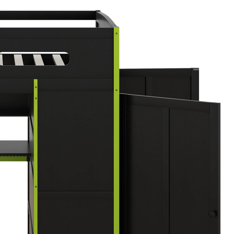 Full Size Wood Loft Bed For Bedroom, Gaming Bed With Desk,Wardrobe,Ample Storage Space And RGB LED Light, Green
