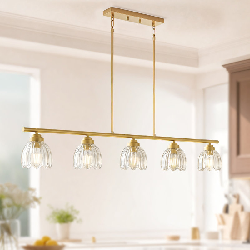 Luminaire suspendu en laiton antique avec verre pétale pour îlot de cuisine, 5 Lights