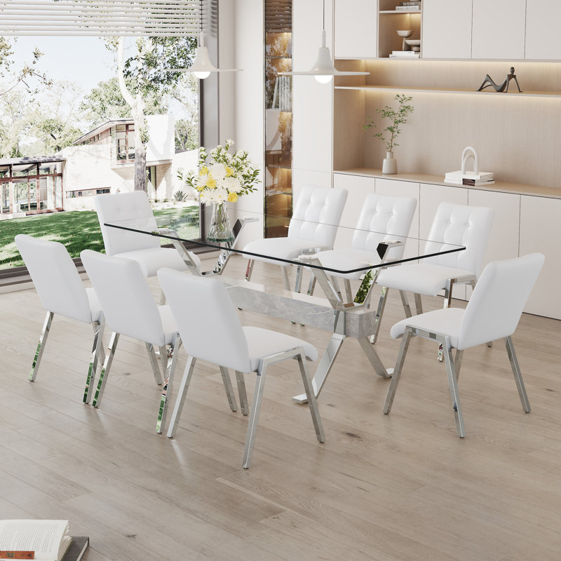 Ensemble de table de salle à manger, Argent/blanc, Blanc, 9
