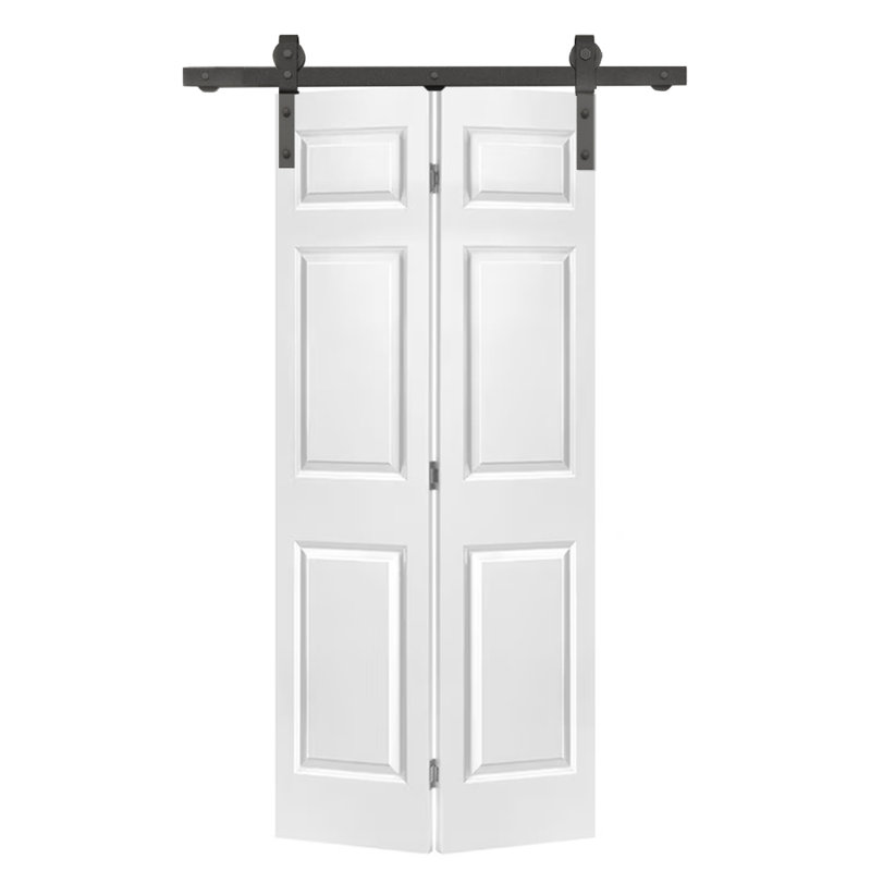 Primed White MDF Composite Bifold Barn Door with Black Hardware, 36" x 80"
