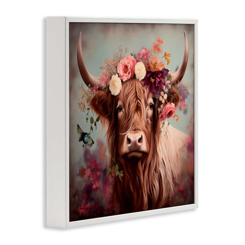 «Longhorn & Flower Garland», art de la giclée encadrée par Irena Orlov, Giclée encadrée blanc bord de mer, H 12 po x l 12 po