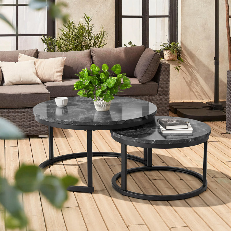 2in1 Round Coffee Table Set Modern Nesting Style End Table, Faux Marble Black