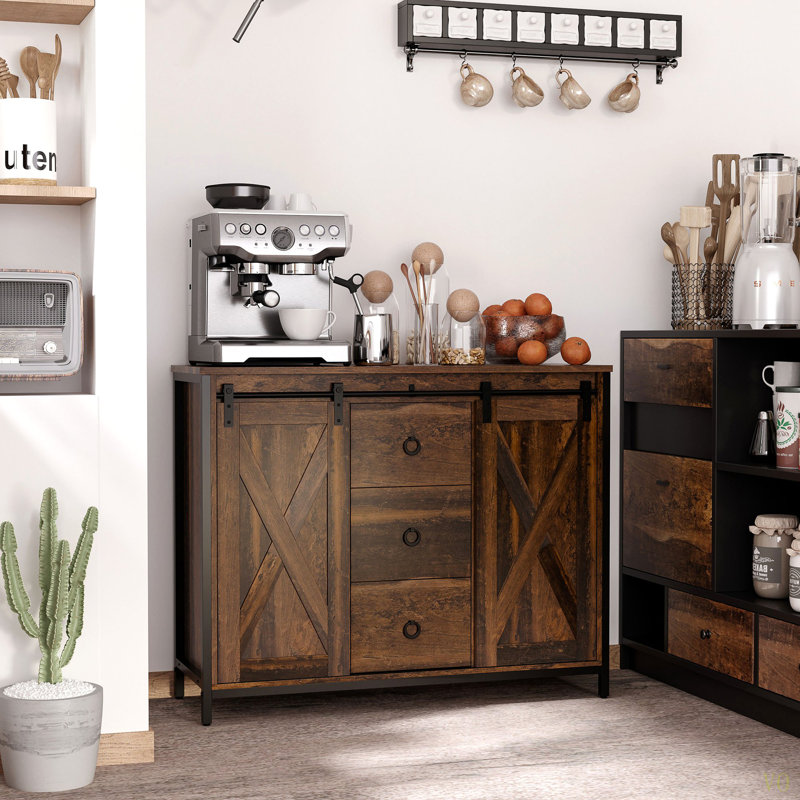 Industrial Farmhouse Buffet Cabinet, Kitchen Sideboard With Sliding Barn Doors, Three Drawers And Adjustable Shelves For Living Room, Dining Room