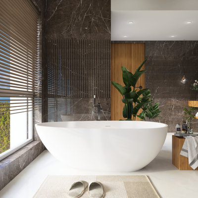 Spa-Like Freestanding Solid Surface Bathtub - 66.9" Deep Soaking Tub with Overflow