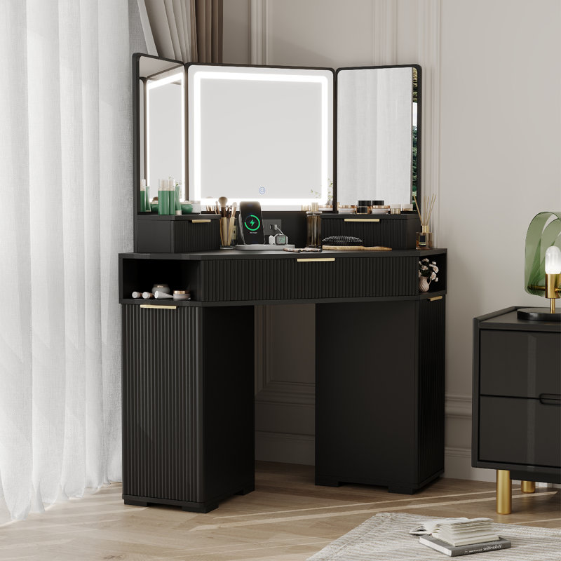 Corner Makeup Vanity Desk with LED Mirror & Lights, Fluted Design Vanity Table with Drawers, Storage Cabinets, Black