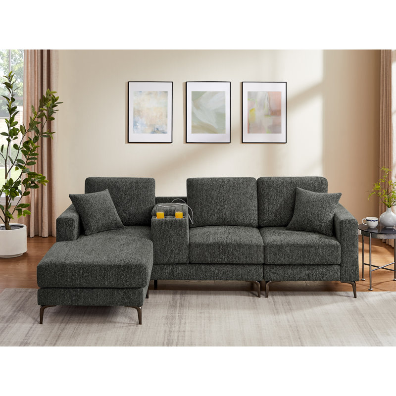 Canapé modulaire en L en chenille avec console centrale mobile, rangement, porte-gobelets et USB, Chenille grise foncée