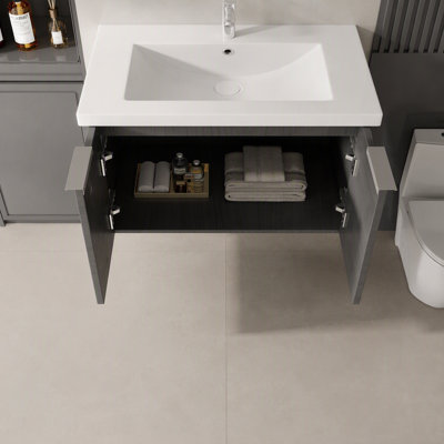 Meuble-lavabo flottant 36 po avec lavabo, porte en céramique, contreplaqué, gris