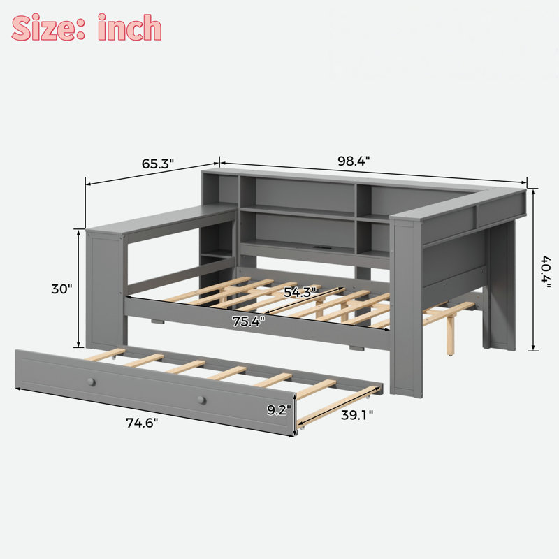Wood Platform Bed With Storage Shelves, Trundle, Charging Station, Led, Desk And Upholstered Headboard, Gray