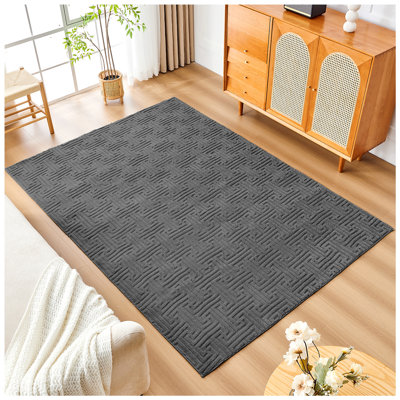 Greek Key Faux Fur Area Rug 160x230cm Soft Washable Non-Slip Polyester Carpet for Living Room Bedroom Hallway Rug