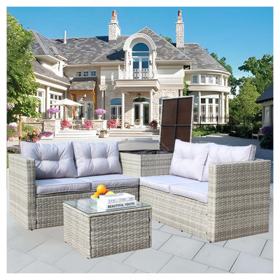 Ensemble de canapé modulaire d'extérieur en rotin et osier 4 pièces avec boîte de rangement gris