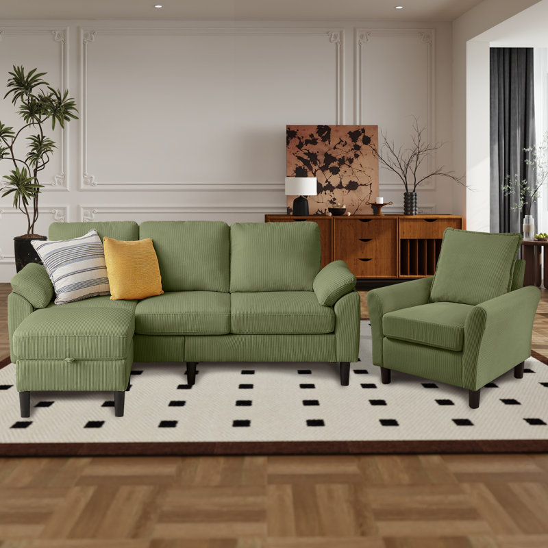 Ensemble de canapé modulaire 3 pièces avec fauteuil et repose-pieds, Vert