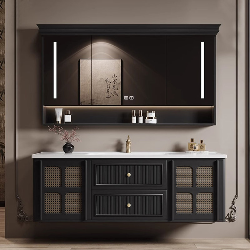 French retro style minimalist bathroom cabinet, 19.69" H x 51.18" W x 19.69" D, Black