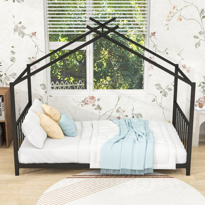 Twin Metal Platform Bed, Roof-Shaped Design