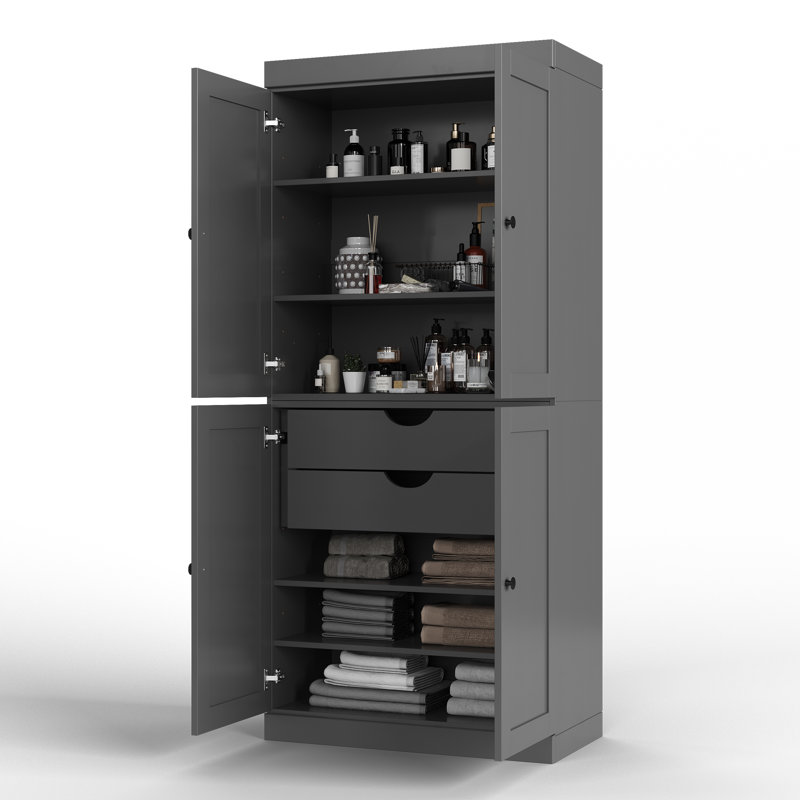 Armoire de rangement 100% bois massif 32 po avec portes Shaker, 2 tiroirs et tablettes réglables, Gris