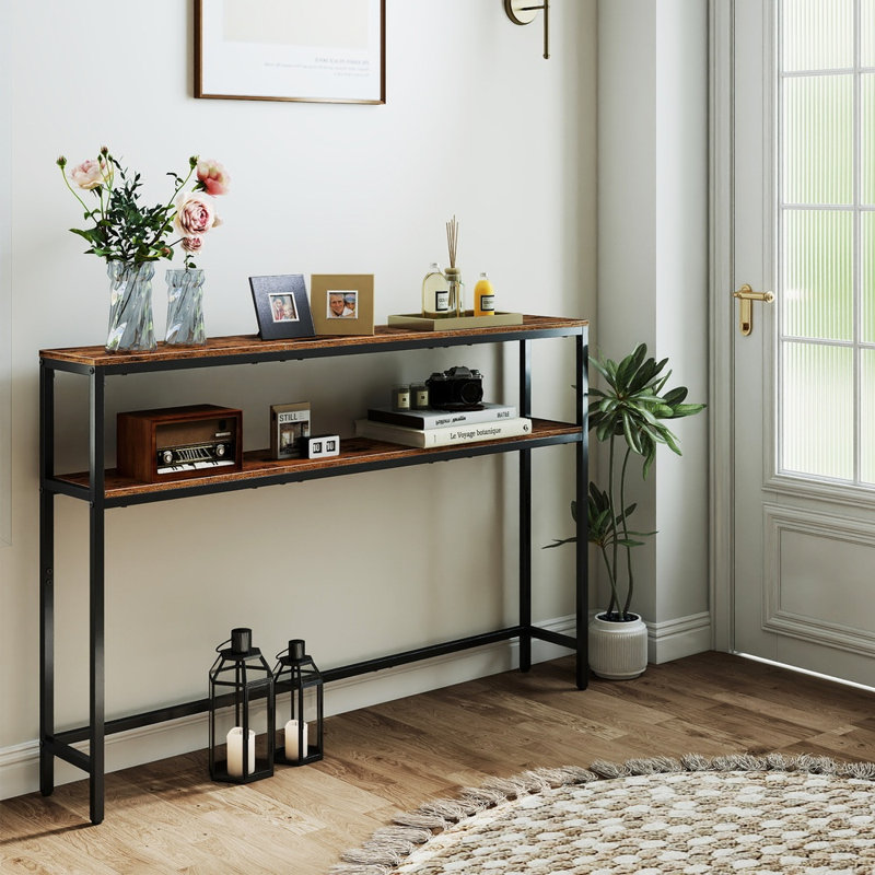 Console pour couloir, table de canapé mince à 2 niveaux, 20 x 120 x 80 cm, table de couloir avec 2 tablettes, pour le salon, la chambre à coucher, brun rustique et noir encre