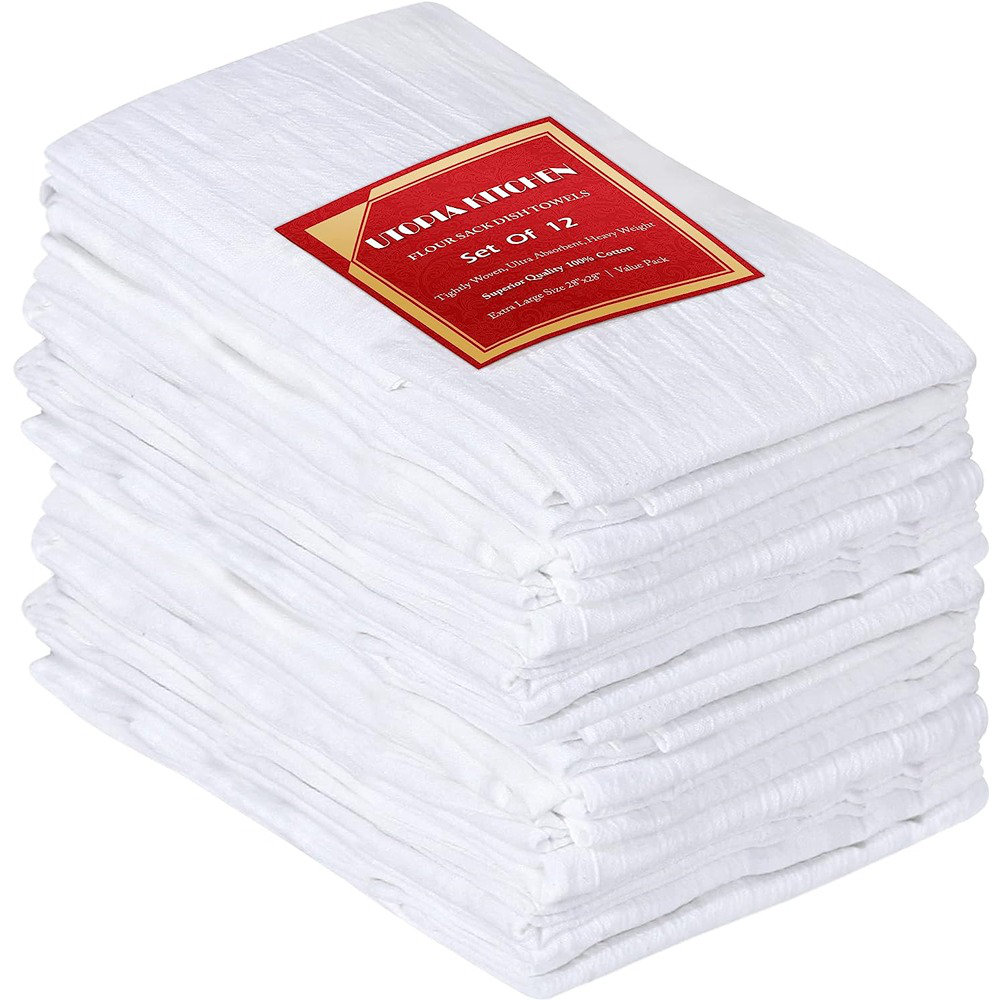 Ruvanti 12 Pack Flour Sack Towels 28x28 inch, 100% Ring Spun Cotton Tea Towels, Machine Washable. Highly Absorbent, Perfect for Dish Drying, Cleaning