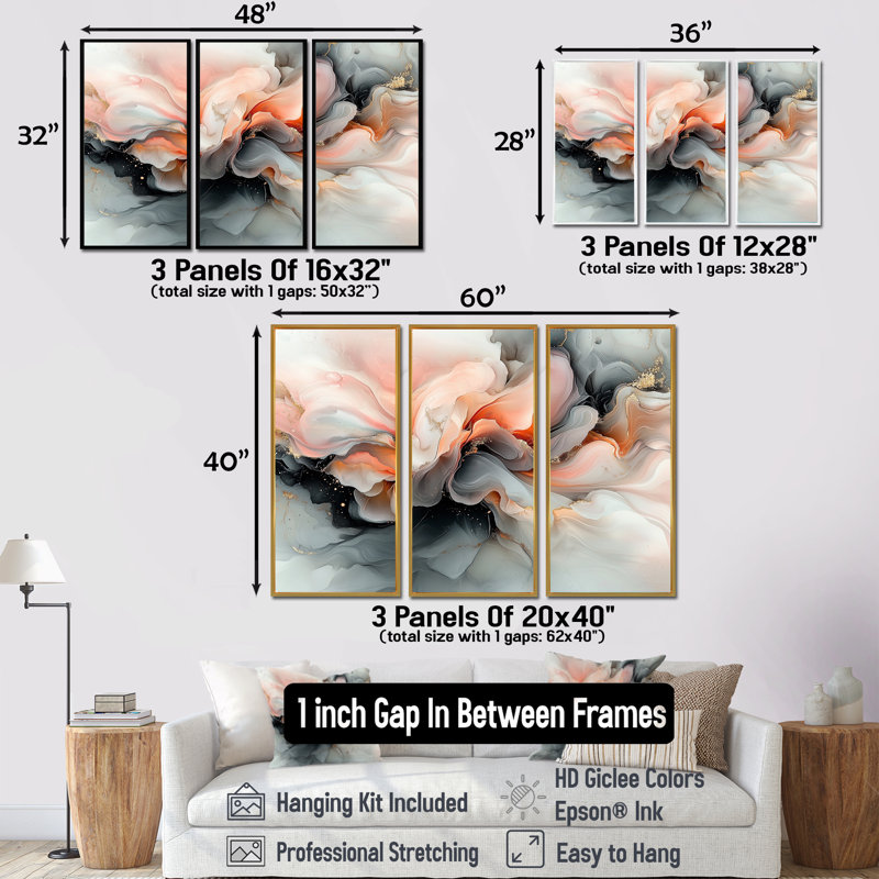 Ensemble de salon abstrait géométrique en marbre rose et gris II, H 28 po x l 36 po x P 1 po, Toile encadrée flottée blanche