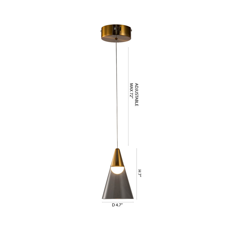 1-Light antique gold aluminum frame single pendant with a smoke acrylic shade