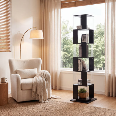 Bibliothèque rotative à 6 niveaux avec base anti-arrachement, bibliothèque sur pied rotative à 360 °, placage en bois simple et plaque en acrylique transparent multi-fonctions, étagère de rangement créative peu encombrante pour le salon, la chambre à coucher, le dortoir étudiant