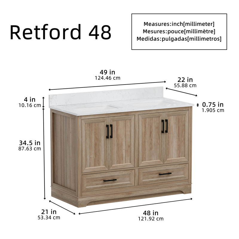 Retford 48" Double Vanity With Engineered Marble Top, Sink & Backsplash, Pre Assembled