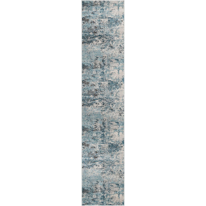 Tapis abstrait en polypropylène bleu / brun / gris tissé à la machine, Tapis de couloir 2 pi 7 po x 13 pi