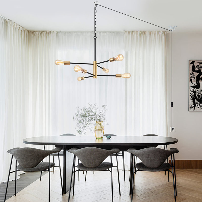 26" In 6-Light Modern Farmhouse Plug In Pendant Light With 15Ft Plug In Cord & On/Off Switch, Industrial Kitchen Dining Room Chandelier