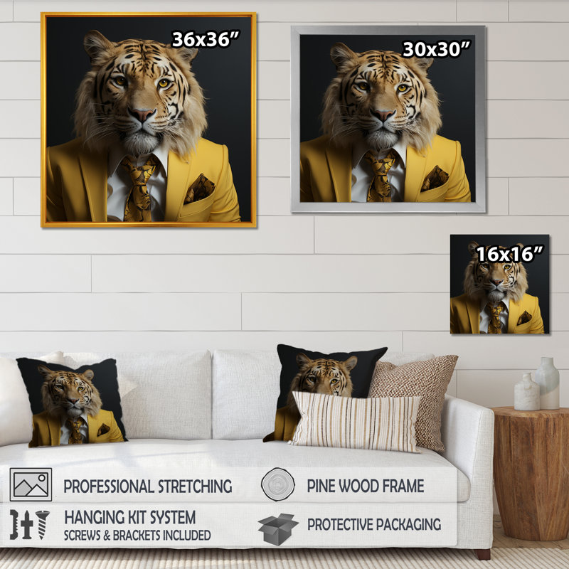 Jaune assorti, lion I - art mural lion, Cadre simple noir, H 36 po x l 36 po x P 1,5 po