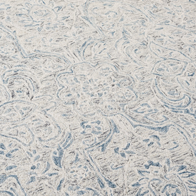 Laine touffetée à la main Juniper Tapis oriental en coton gris / bleu, Carré 7 pi x 7 pi